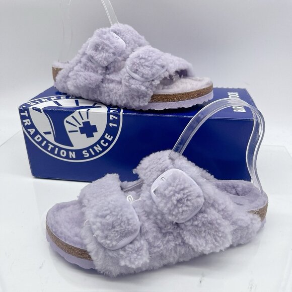 Birkenstock Arizona Big Buckle Shearling Teddy Sandals Fog Purple Womens EU 37 - Picture 2 of 13